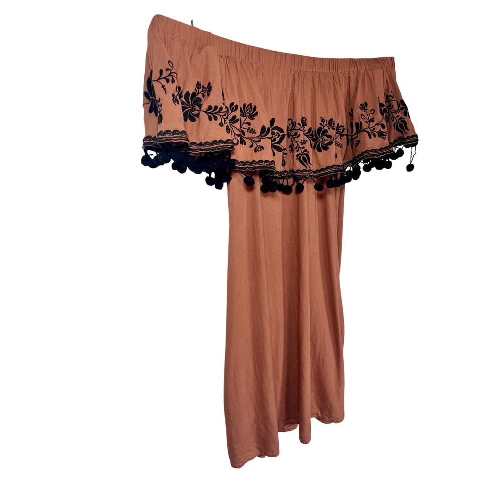 Umgee Dress Women Small Terracotta Orange Embroidered Pom Pom Off Shoulder